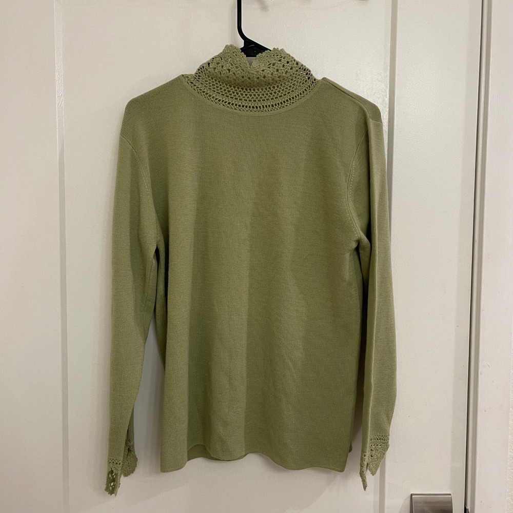 Vintage April Cornell Green Crochet Wool Blend Turtleneck Sweater Cottagecore